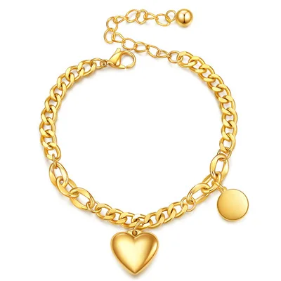 

Customized Gold Plated Cuban Chain Titanium Steel Heart Charm Bracelets Stainless Steel Disc Bracelet For Gifts