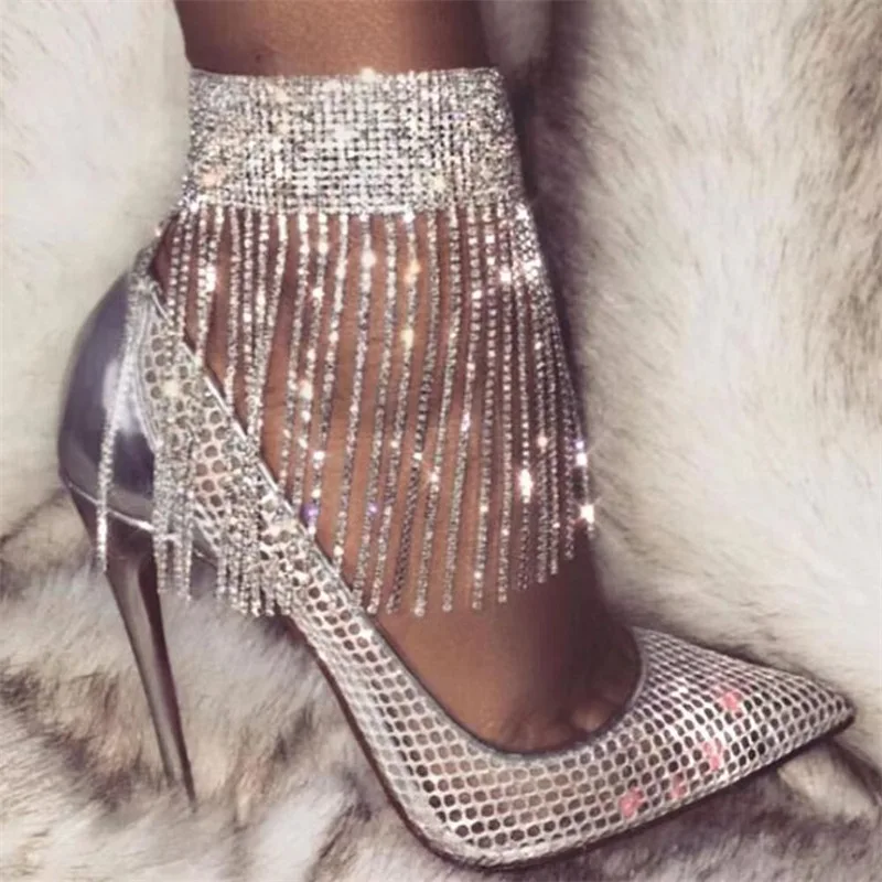 

E052 fashion design new tassels shiny diamond anklet jewelry seductive high heel accessories night club party wear chain