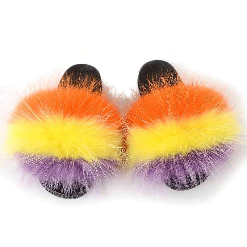 

Female Fluffy Slippers Real Fox Fur Slides women Summer Sandals Mixed Color Luxury Plush Fur Slippers Wholesale