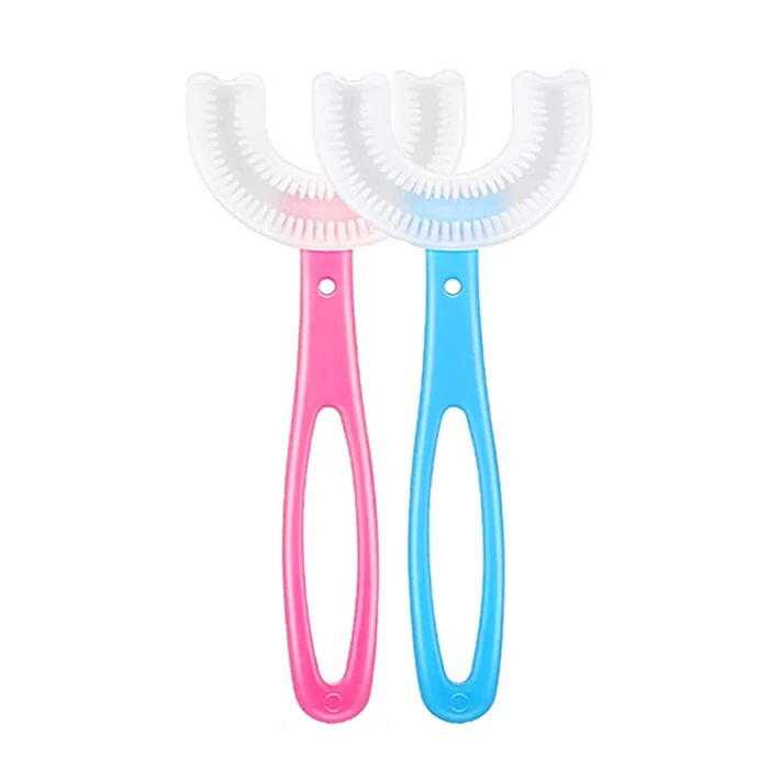 

Manual Soft Portable Oral Teeth Cleaning Children kids Silicone 360 U Shape Baby Toothbrush for Toddlers Training, Pink, blue