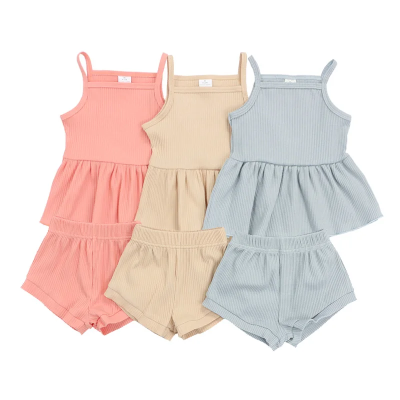 
Sleeveless baby clothes sets summer kid clothing outfits boutique toddle clothes ribbed girls sets 