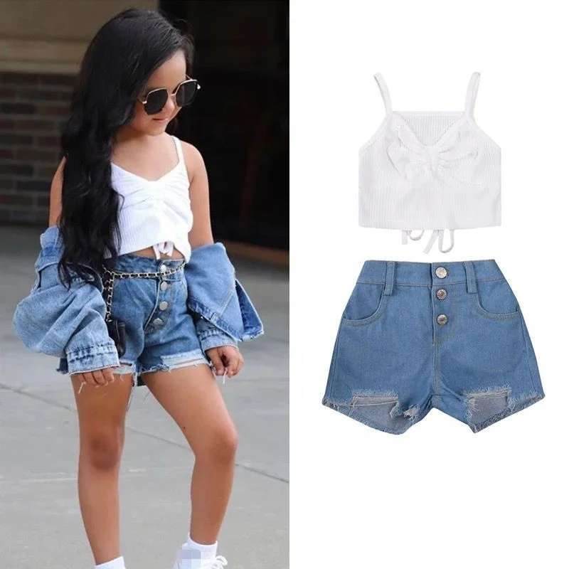 

5186 Toddler Kids Baby Girls Clothing Summer Outfits Sleeveless Off Shoulder Rib Knit Strap Tops Ripped Denim Shorts Clothes Set, As pictures shows