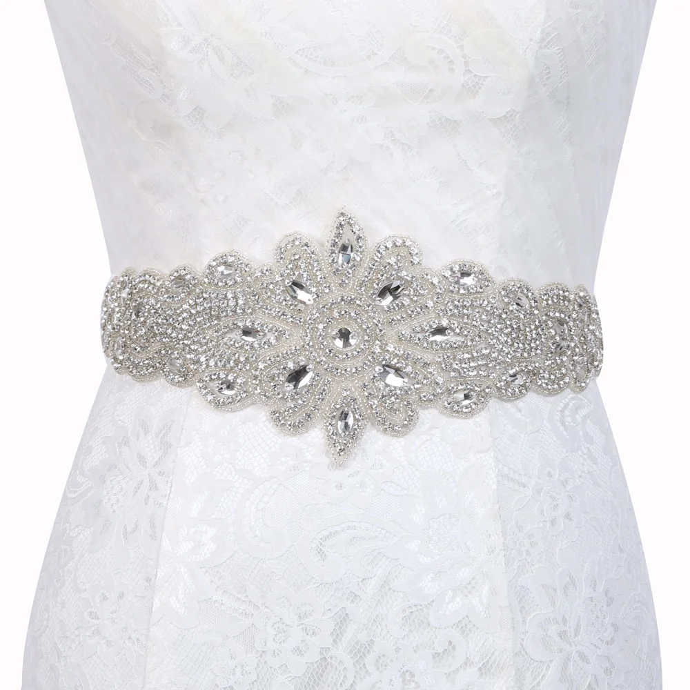 

Sew on bodice wide bling rhinestone applique for wedding belt, Clear