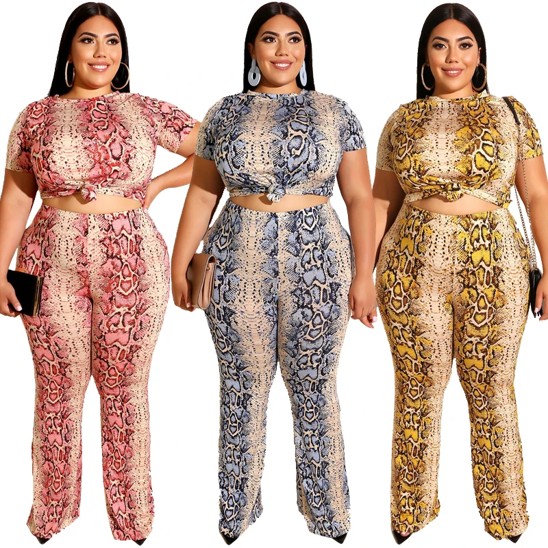 

FM-19269 Fashion snake-print women plus size clothes tight T shirt straight trousers plus size 2 piece set women, As pics