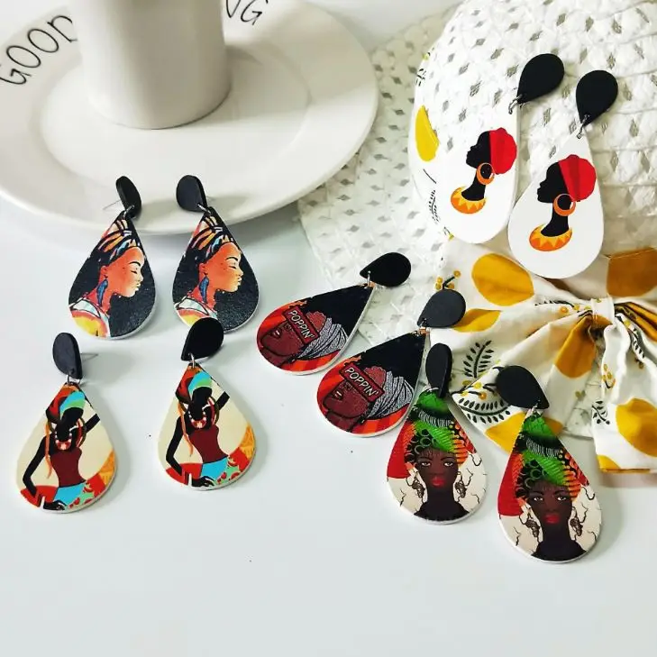 

New wood earrings print African head drop-shaped color earrings for women