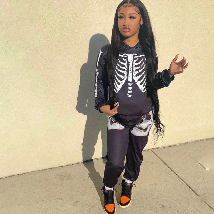 

Printed Skull Skeleton Fall Clothing Hooded Sweatshirts With Sweat Pants 2 Piece Streetwear Winter Hoodie Joggers Set Women, Black