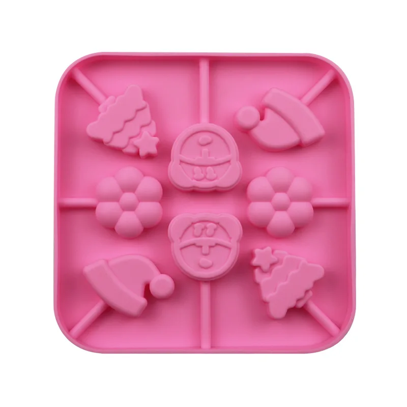 

1294 8-cavity Christmas tree hat silicone lollipop mold without stick DIY baking chocolate fondant mold, Pink