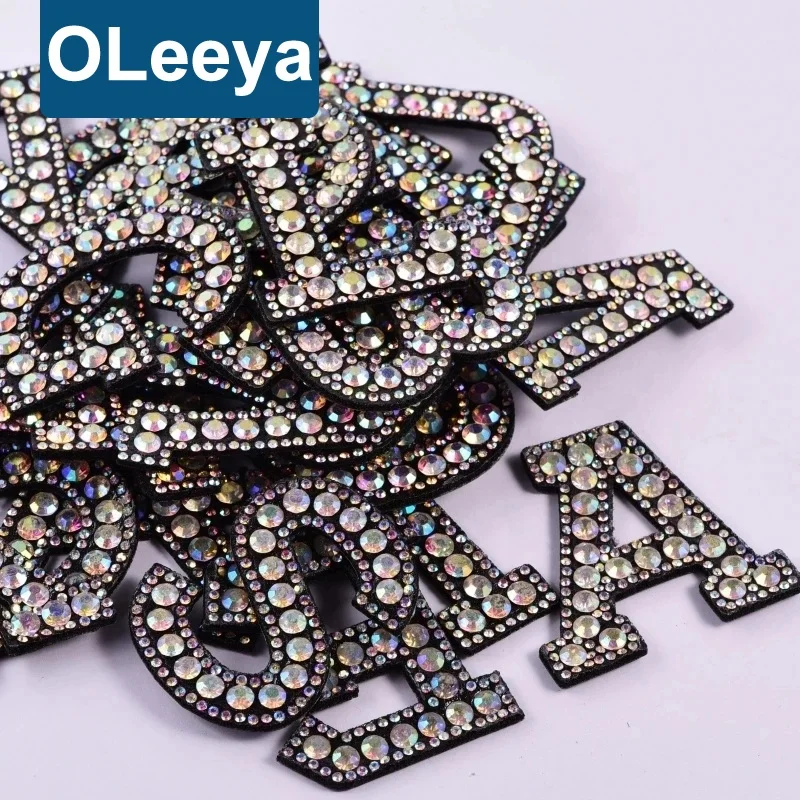 

Oleeya Wholesale 26 Letters Applique Patches Rhinestone Patch Applique Iron On Patches For Clothing Dress Decoration, Refer to picture