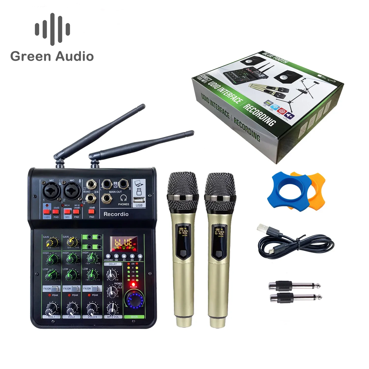

GAX-450C Audio Mixing with UHF Wireless Microphone 4 Channel Stereo Mixer Console Blueteeth USB for DJ Karaoke PC Record