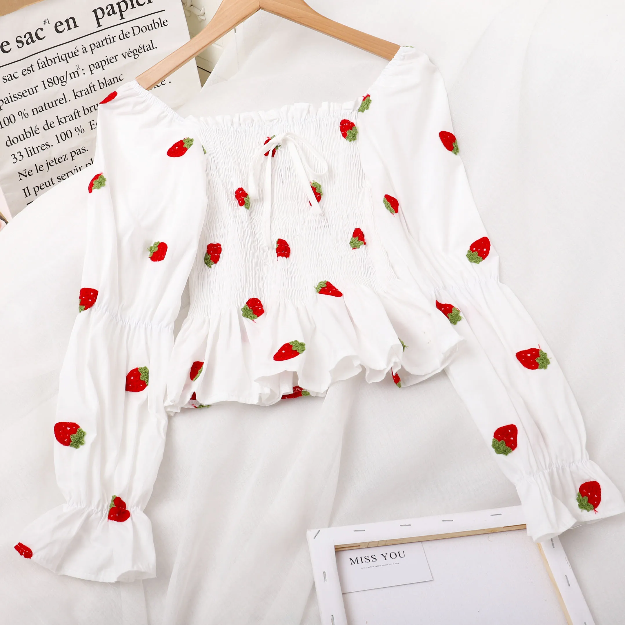 

European Fashion Women Embroidered fruit Sweet Lace-up Ruffle Cuff Hem Long Sleeve One-shoulder Tops Crop Blouses T13102Y, Yellow,red