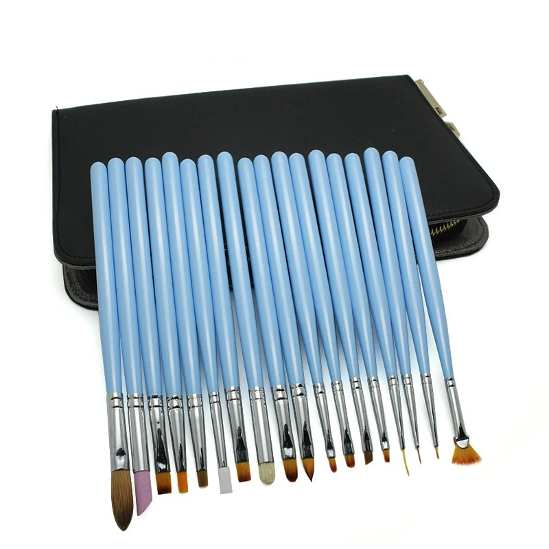 

18PCS/Set Blue Wood Brush Set Nail Art Painting Lining Dotting Gradient Drawing Pens Manicure With Exquisite PU Leather Bag