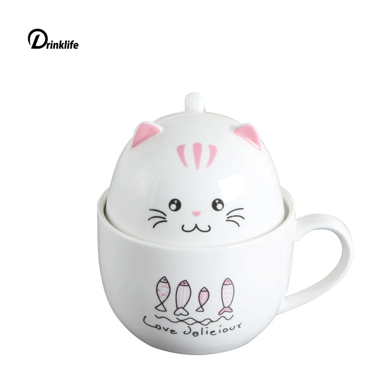 Creative Cartoon Ceramic Mug Porcelain Cup Cute Cat 3D Mugs  Milk Cup with Lid gift