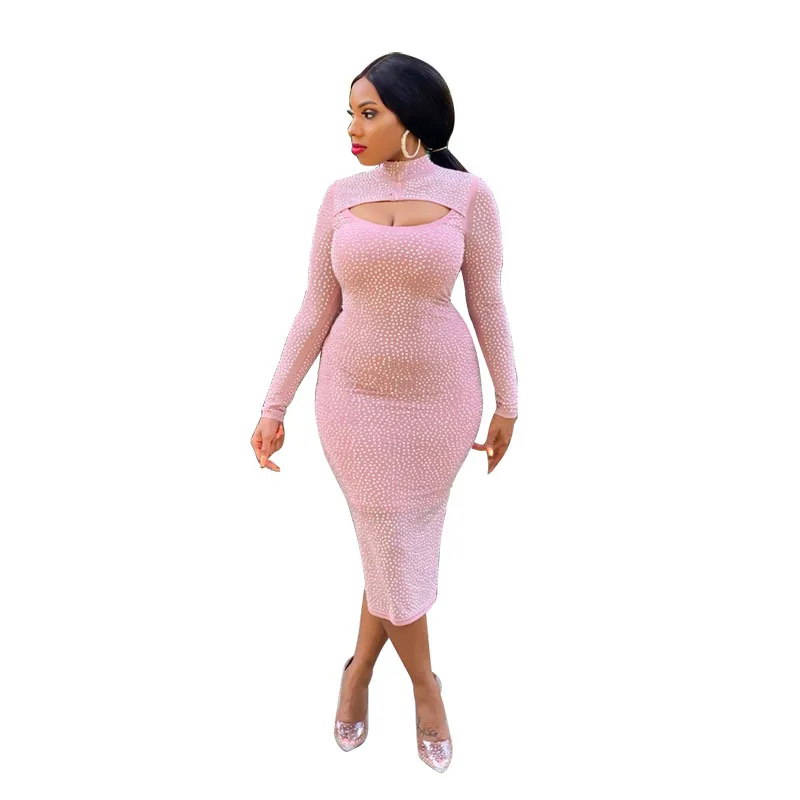 

2021 plus size tight-fitting long dress new long-sleeved net yarn hot diamond dress nightclub dress, Pink black