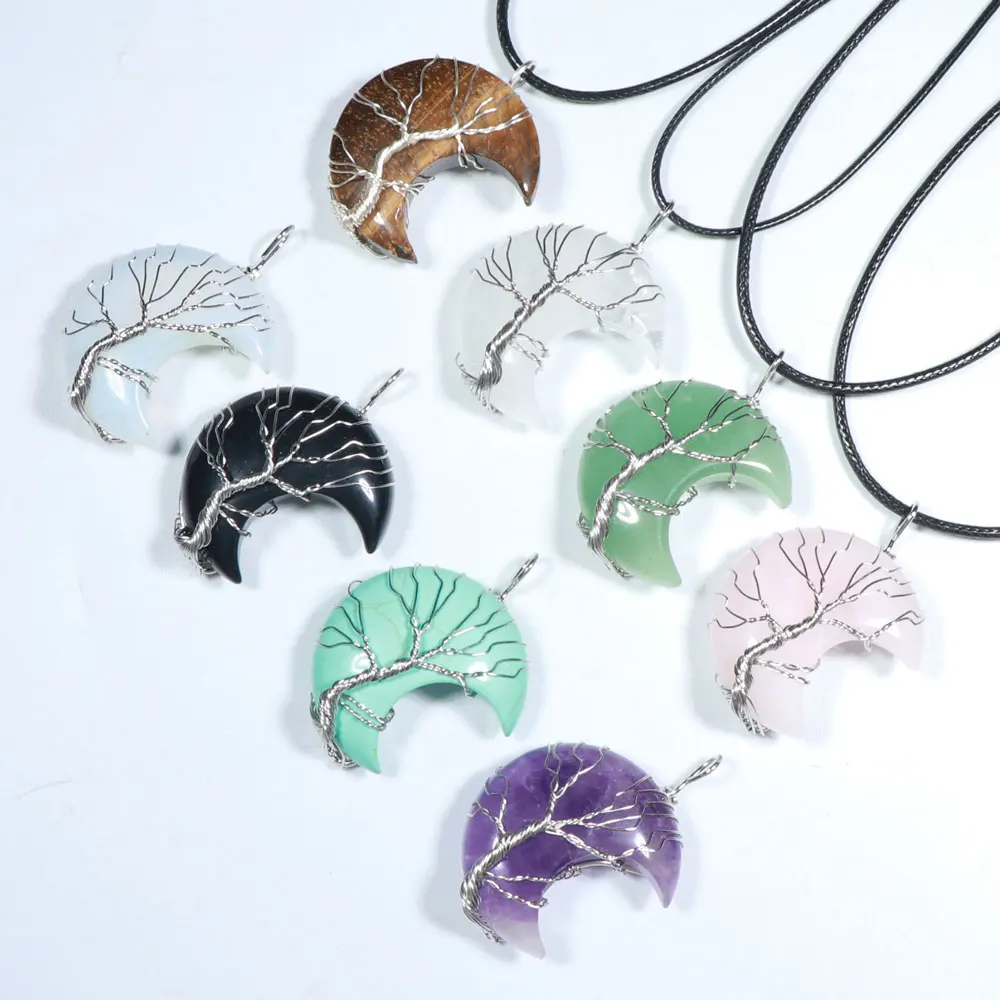 

Wholesale Natural Amethyst Crystal Stone Pendant, Hand-Wound Tree Of Life Moon Pendant Necklace Jewelry