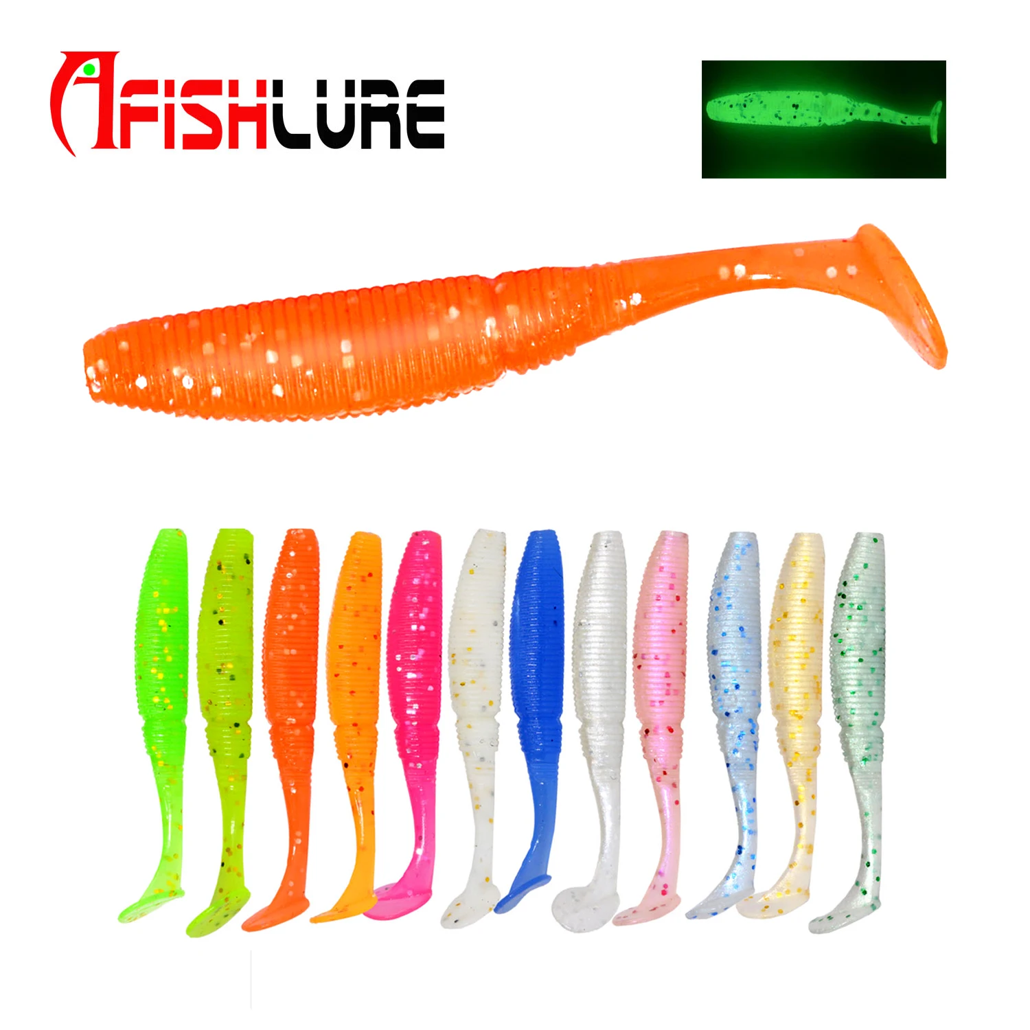 

Factory custom bulk shad 50mm 1g 15pcs artificial worm T tail lure fishing Luminous, 12 colors