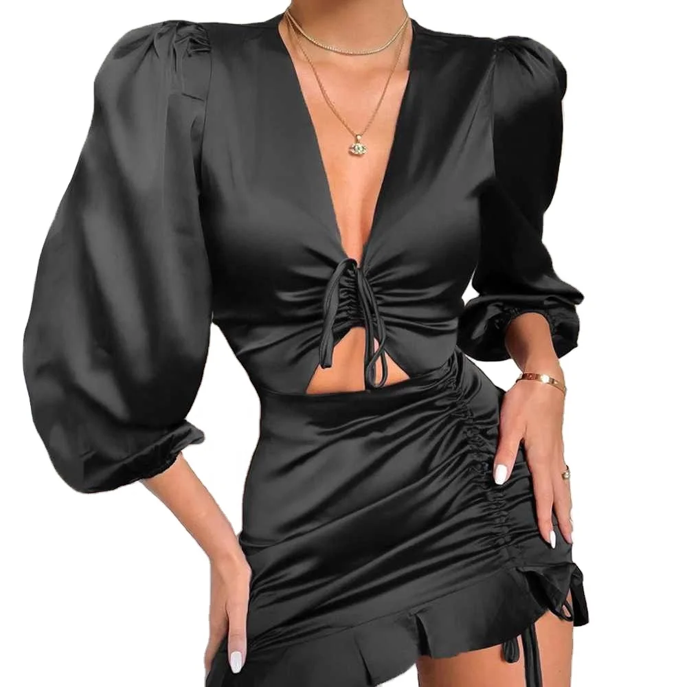 

V-neck hollow out tie front black long sleeve short dress