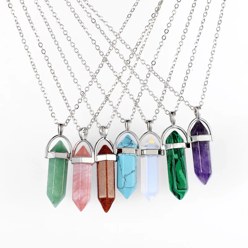 

Hot sale Hexagonal Column Quartz Necklaces Pendants Fashion Natural Stone Bullet Crystal Necklace For Women turquoise jewelry