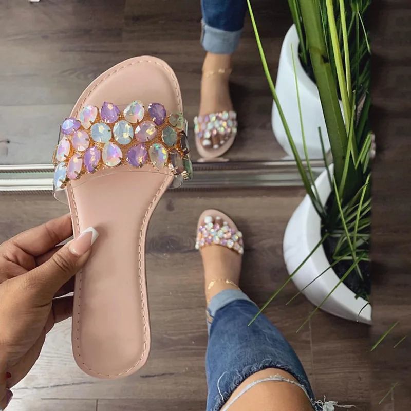 

2021 New arrivals Summer rhinestone sandals women plus size flat slide sandals, 3 colors as picture show