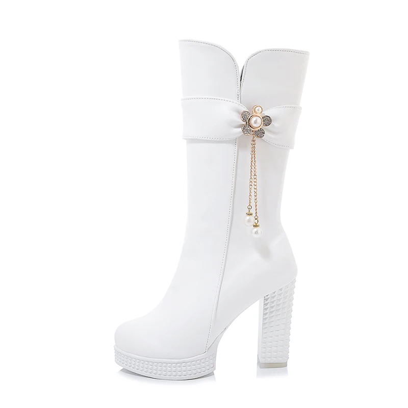 

Beautiful White Sexy Women Mid-calf Side Zip Winter Leather Boots, Black/white