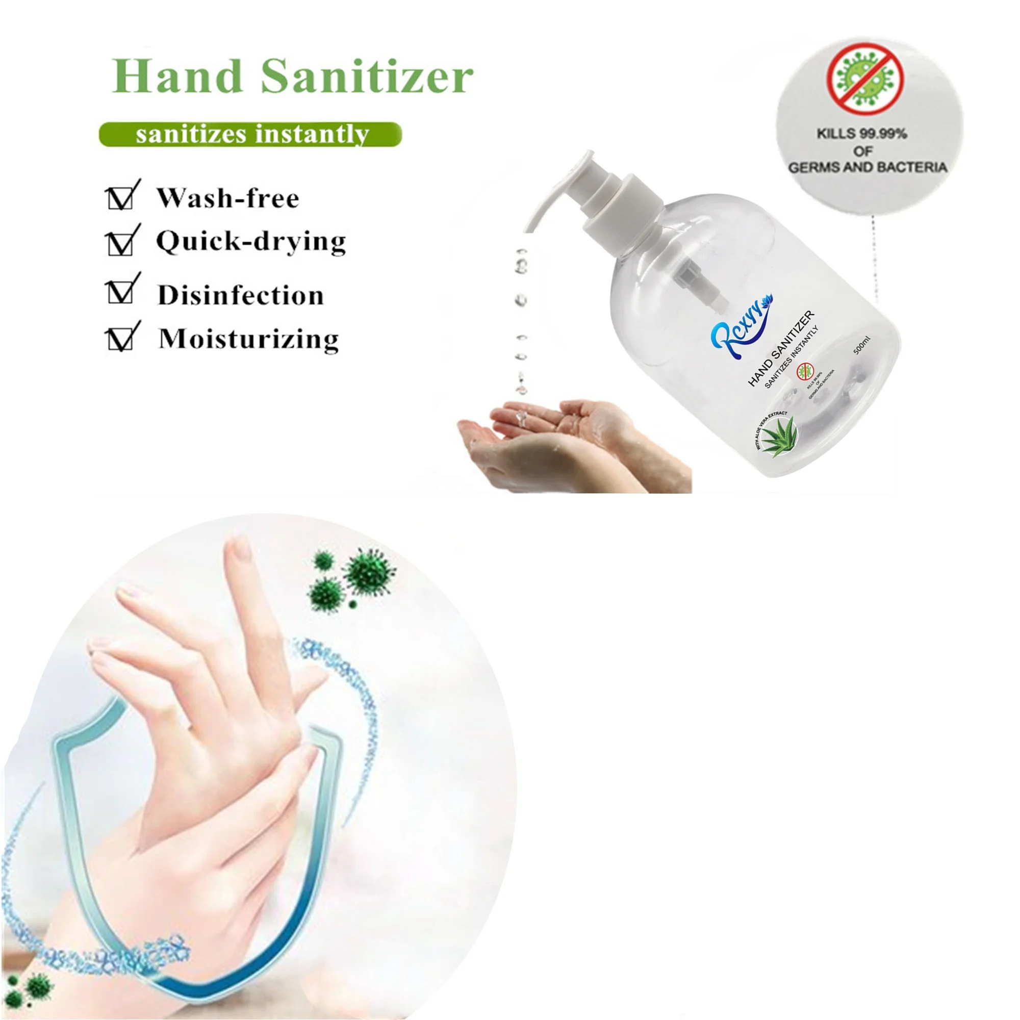

Hot Sell 500ML Pump Head Antiseptic Disposable 99.9% Effective Antiviral Rinse-Free Neutral Aloe Vera Extract Sanitizes Hand Gel
