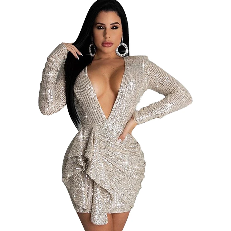 

Wholesale Custom Women Deep V Neck Glitter Dress Long Sleeve Fitted Dress Sexy Fall Evening dresses with sequined, White