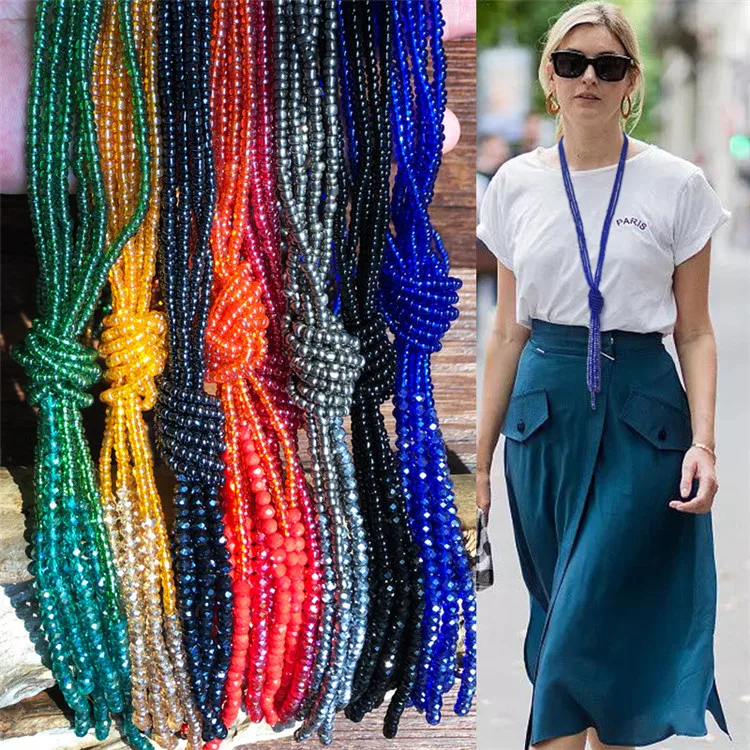 

CLARMER Bohemian color beaded multi-layer rice bead necklace female long tassel crystal sweater chain, As the picture