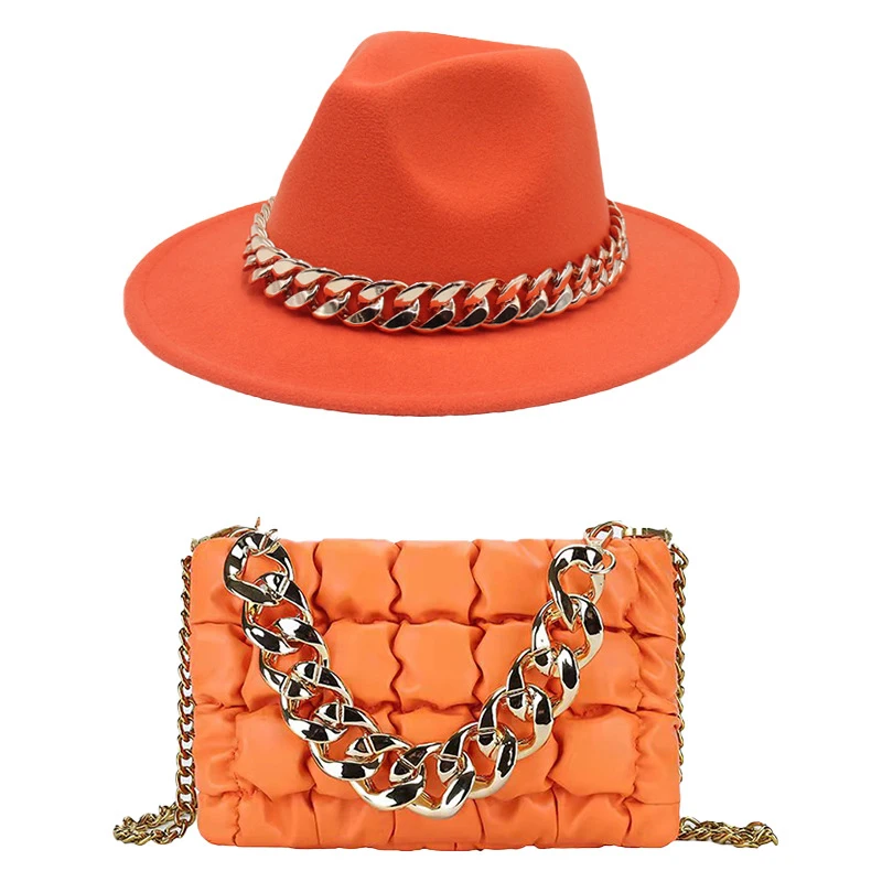 

Hot sale candy color pleated leather women hand bag fashion purse and hat set ladies big chain handbag, 11colors