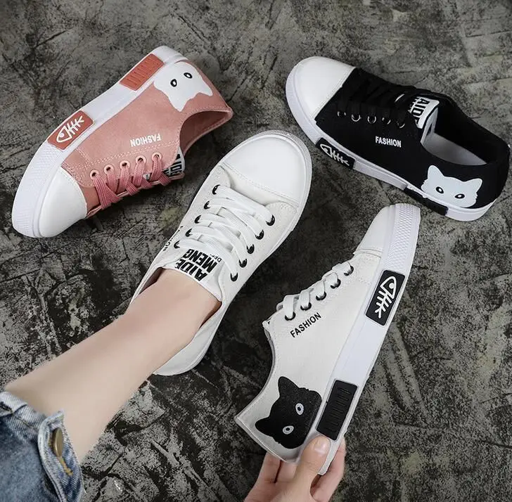 

New Large size canvas shoes white casual women's shoes cat student ladies fashion sport sneakers canvas women shoes, Black white pink