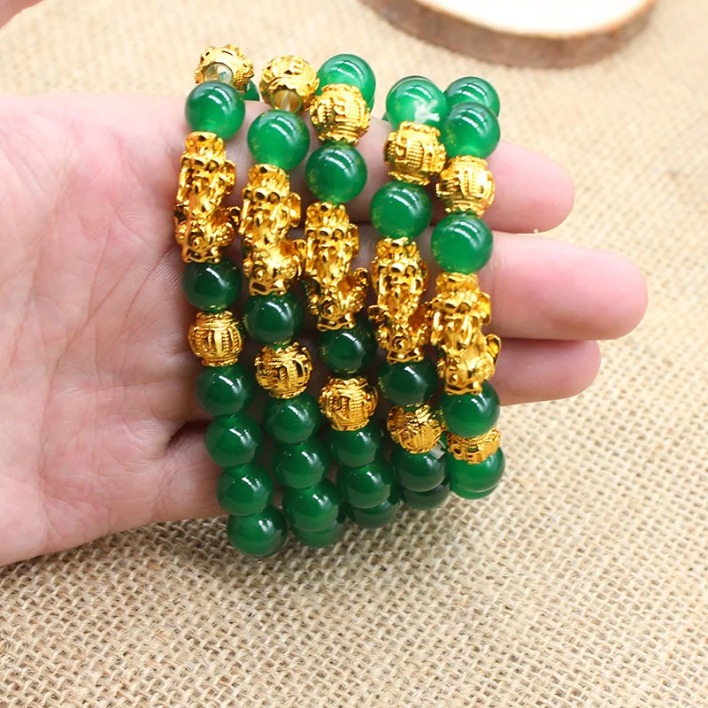 

10mm Wholesale Green Jade Beads Good Luck Charm Bracelet Feng Shui Wealth PIXIU Gold Bracelet for Gift