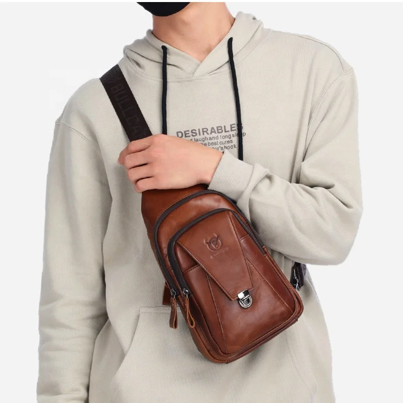 

men's leather one shoulder crossbody chest bag first layer cattlehide leather fashion multi-functional sports casual chest bag