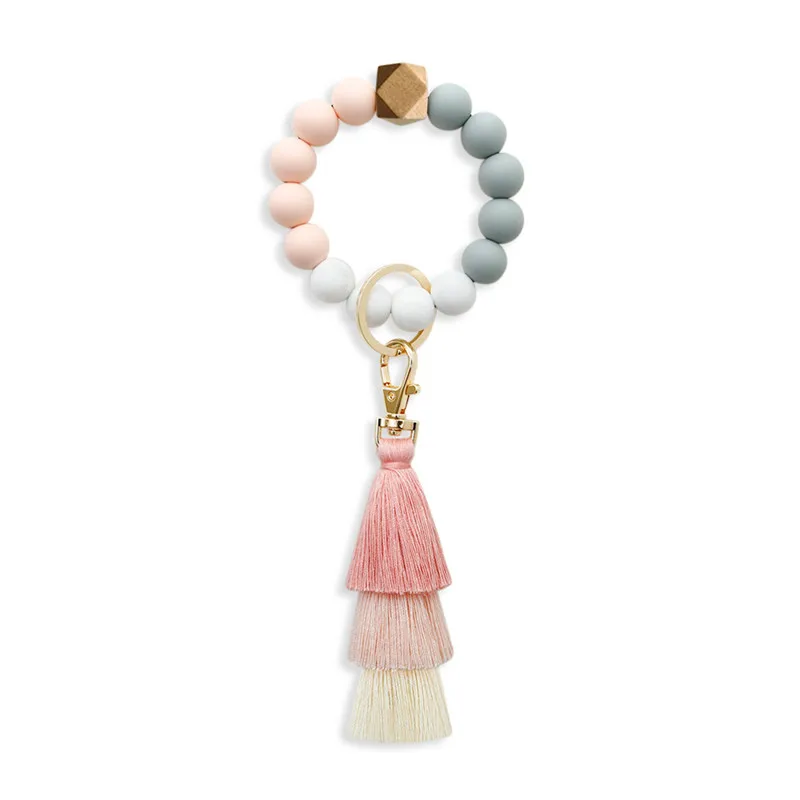 

Silicone Bead Key Ring Female Food Grade Silicone Bracelet Key Ring Tassel Elastic Rope Beaded Hand String Key Pendant, As the picturs