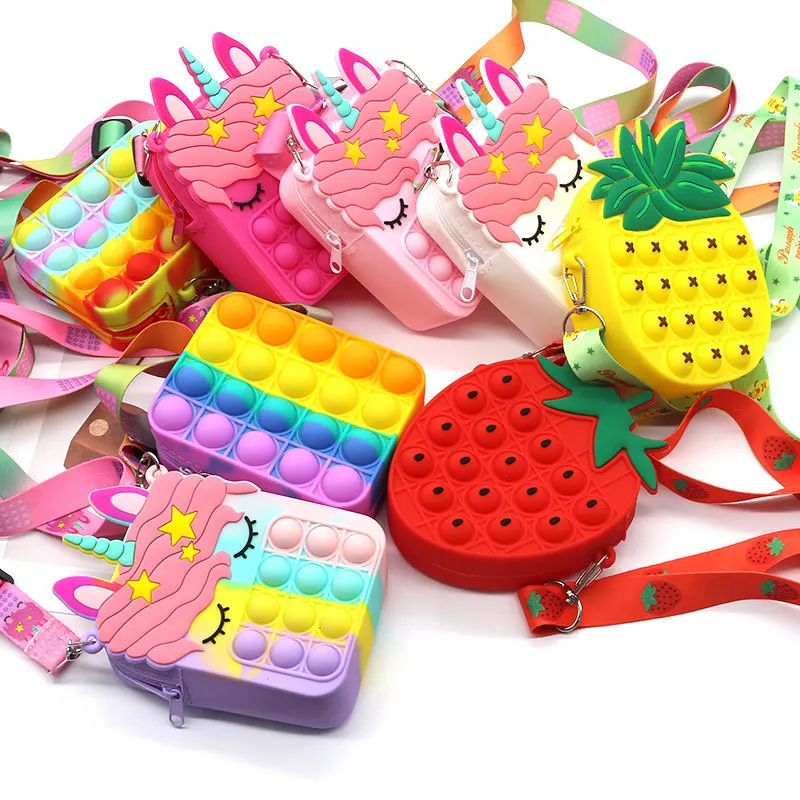 

2021 Hot Sale fashion Cute kid unicorn popit purses and handbags little girls Silicone popit Purse and Handbags