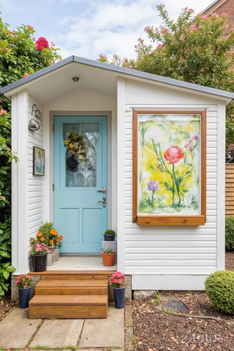 Narrow garden shed exterior with decorative touches