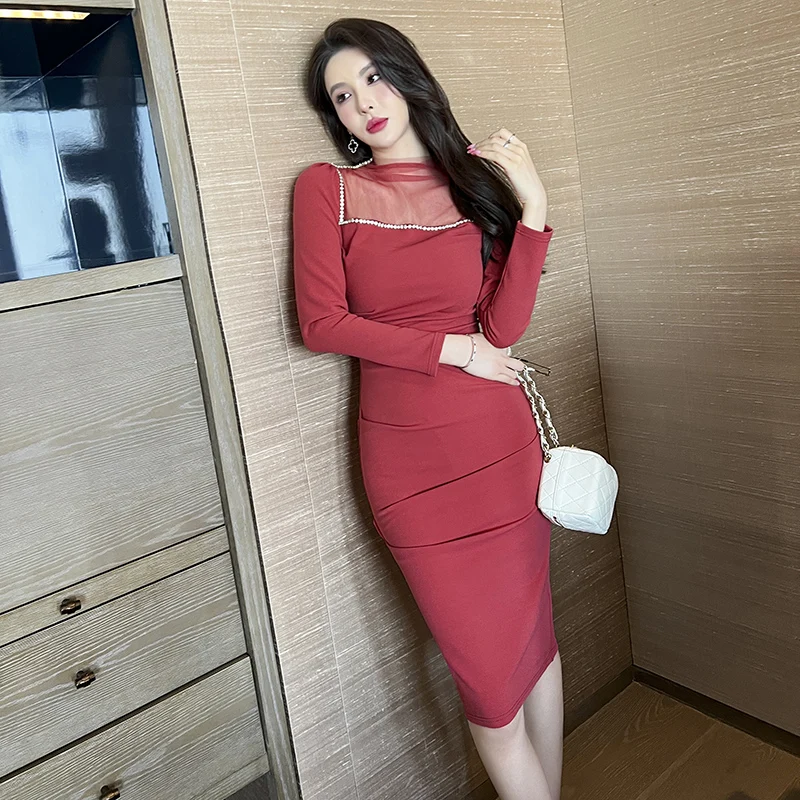 

ZYHT 10156 New Arrivals 2022 Fashion Mesh Patchwork Luxury Rhinestone Ladies Pencil Red Dress