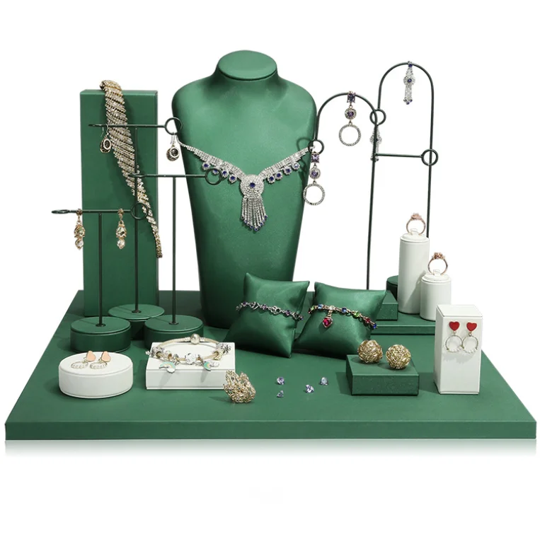 

luxury custom jewellery display rack stand green leather ring necklace earrings jewelry display stand holder set, Customized color