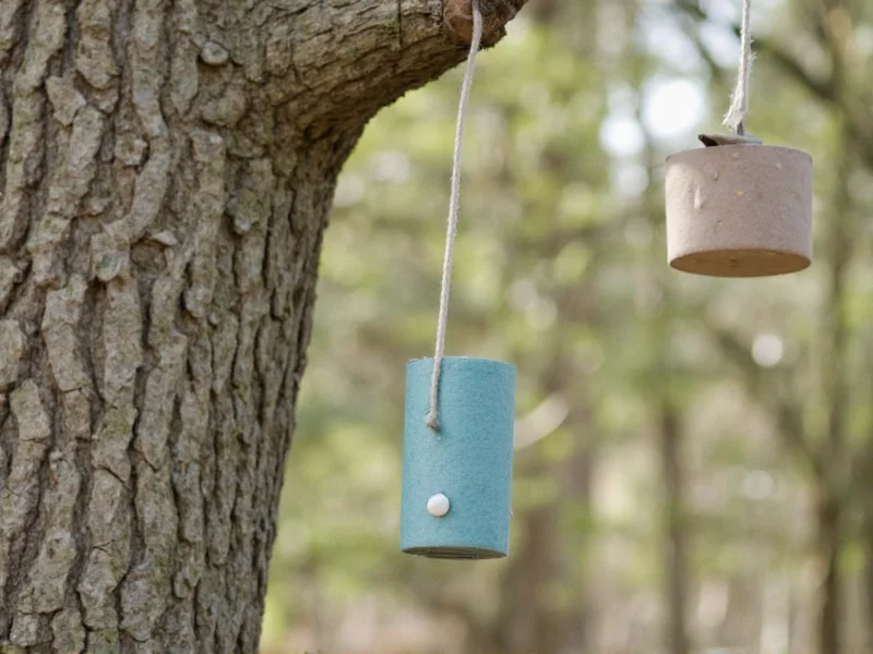 Child hanging homemade bird feeder from toilet paper roll on tree branch