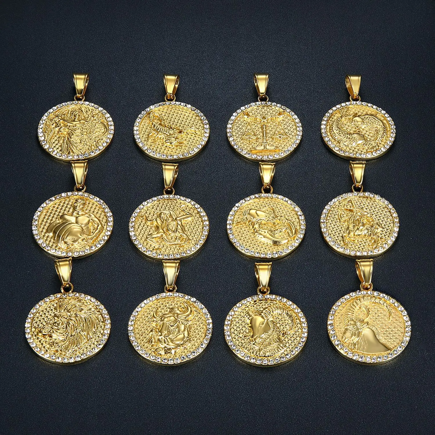 

Golden stainless steel coin twelve constellation pendant necklace Zodiac Diamond 18K gold Jewelry Accessories