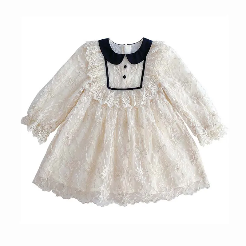 

Wholesale white lace mesh flower beautiful long sleeve little girls dresses baby outfit party kids clothing, As pics shows