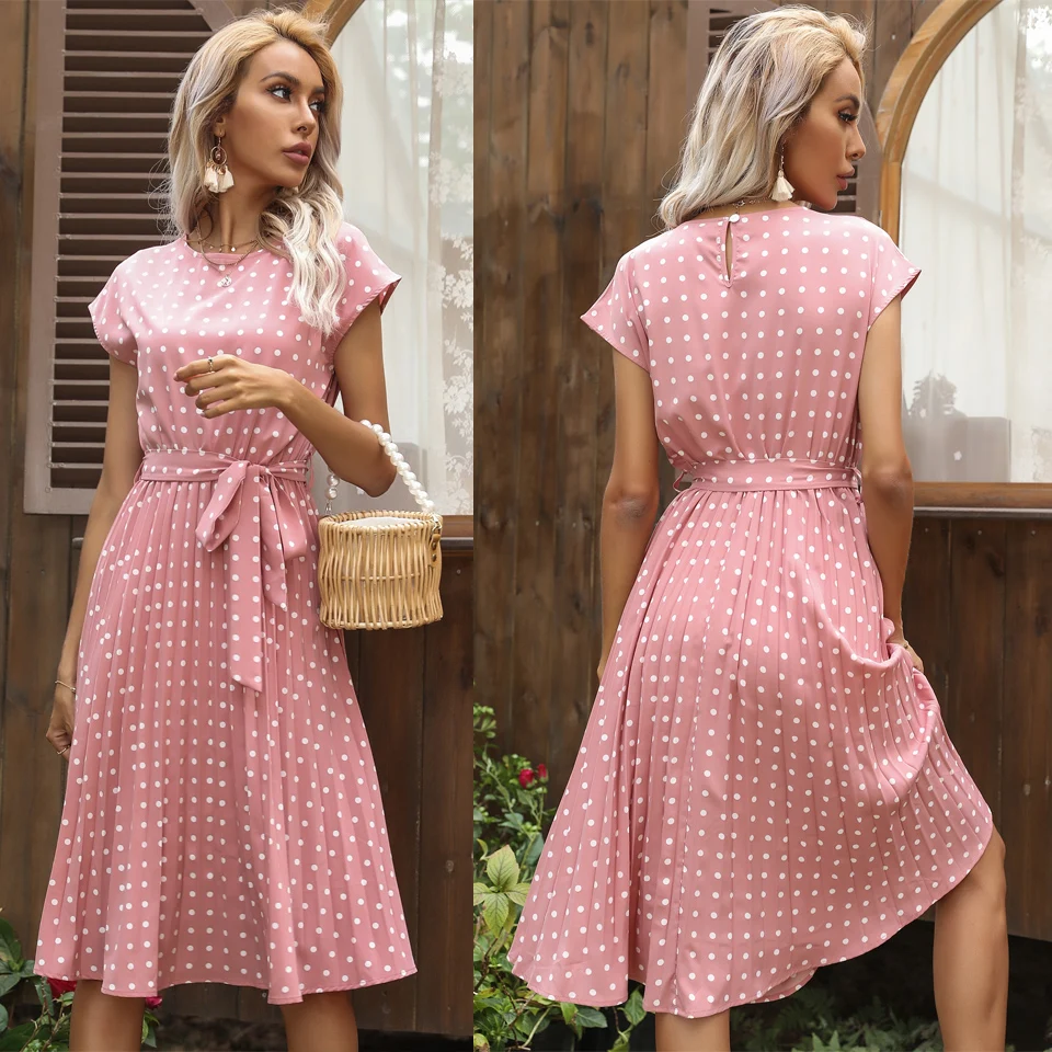 

2021 New Casual Dresses Women Short Sleeve Crewneck Polka Dot Summer Dress Ladies Beach Bohe Maxi Dresses Wholesale