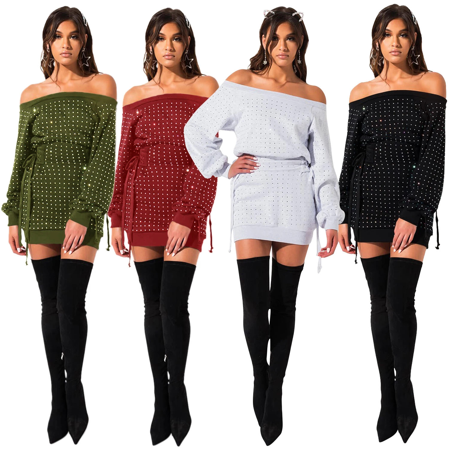 

2019 Plain solid lady clothing off the shoulder sexy diamond decoration bandage casual dress women FM-H3316, Blue orange green