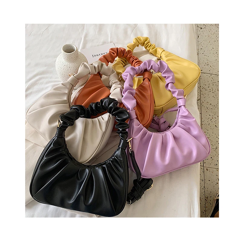 

Fashion Sweet Girls bags Soft PU Leather Shoulder Bags For Women 2020 Portable Moon Design Luxury Ruched Cloud Hand Bag