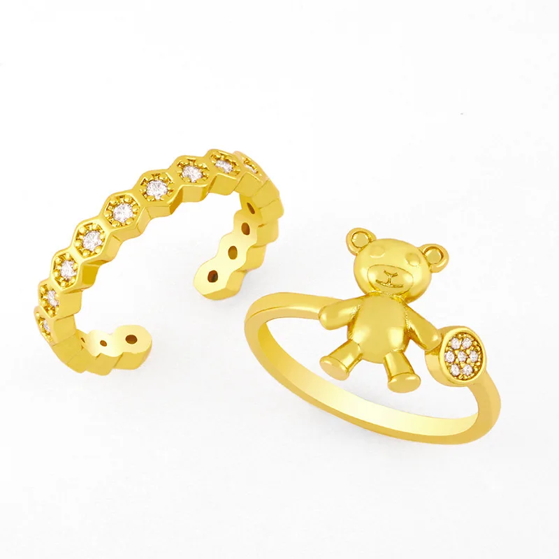 

2021 Sailing Jewelry 18k Gold Plated Geometric Couple Ring Cubic Zircon Bear Rings CZ Cute Bear Open Rings, Gold/silver