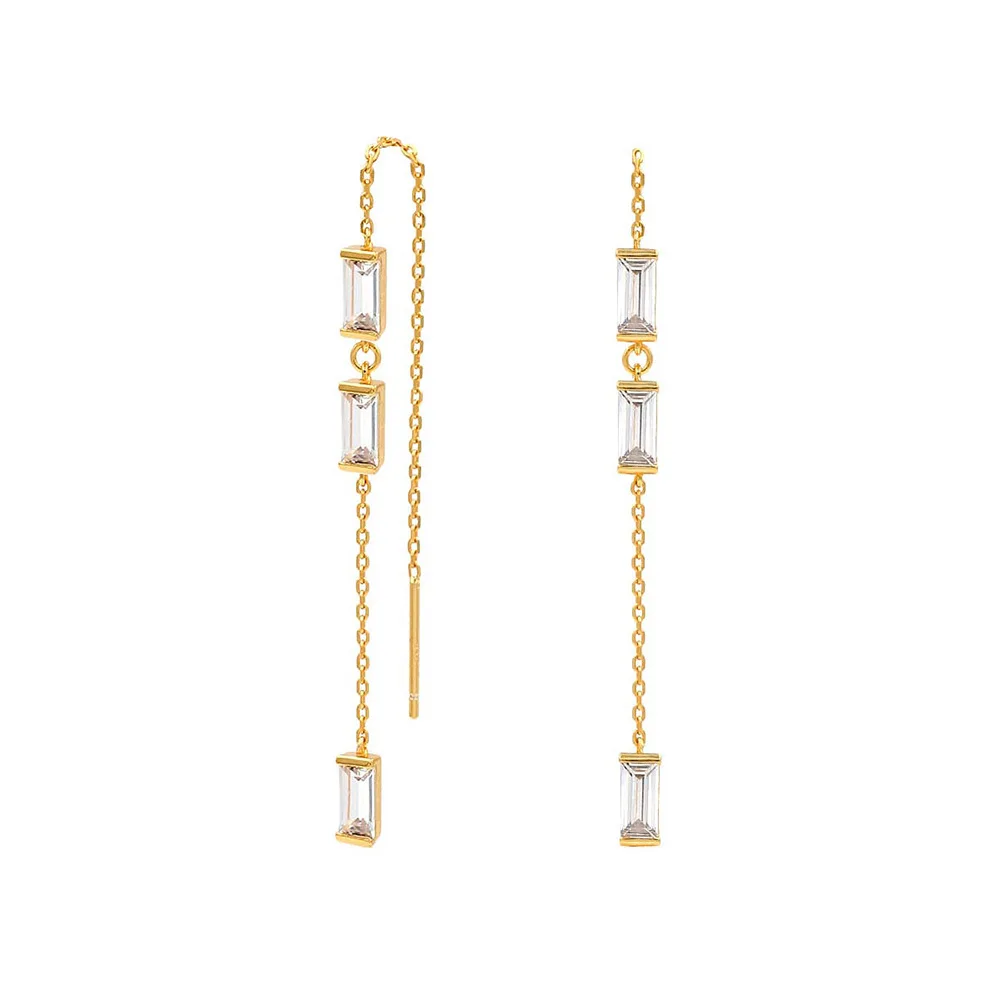 

925 Sterling Silver Rectangle Zirconia Tassel Chain Stud Earrings Wholesale Jewelry