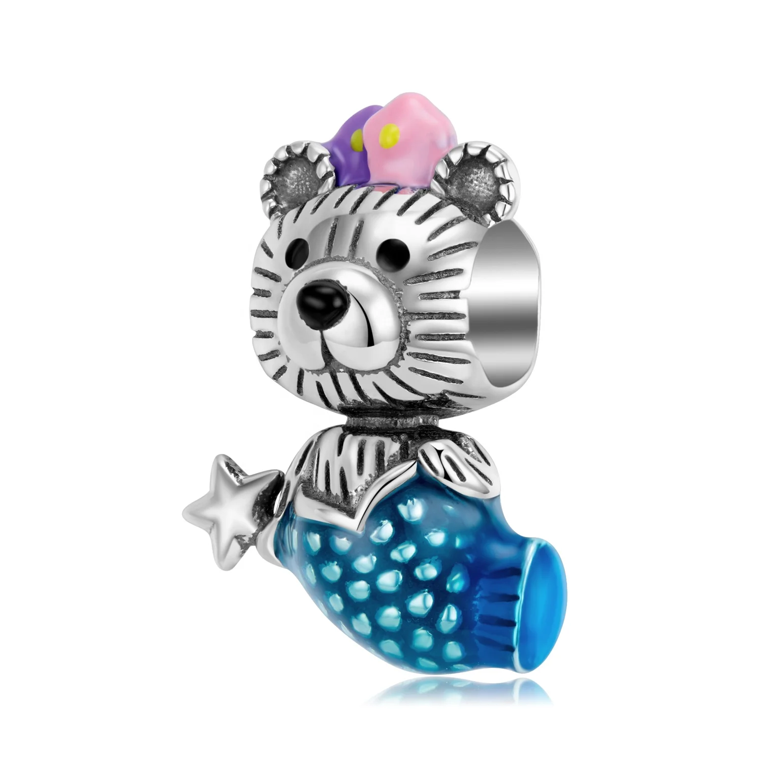 

Little Bear Mermaid Charm beads Authentic 925 Sterling Silver Enamel Blue jewelry for Women Bracelet Fine jewelry making beads