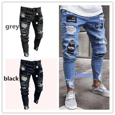 

New Italy Style Men's Distressed Destroyed Badge Pants Art Patches Skinny Biker White Jeans Slim Trousers, Shown