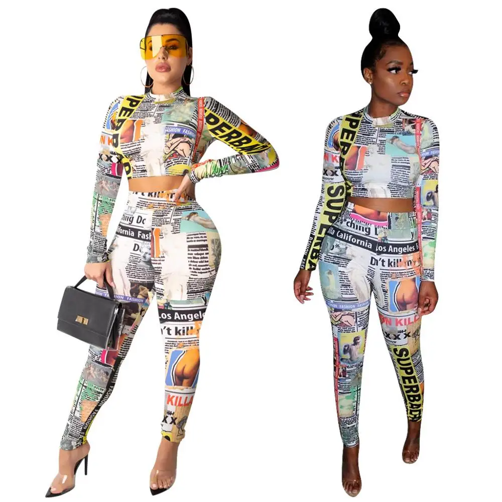 

Autumn winter 2019 Newspaper print Top and pants long sleeves two piece set women clothing FM-3842, As pictures