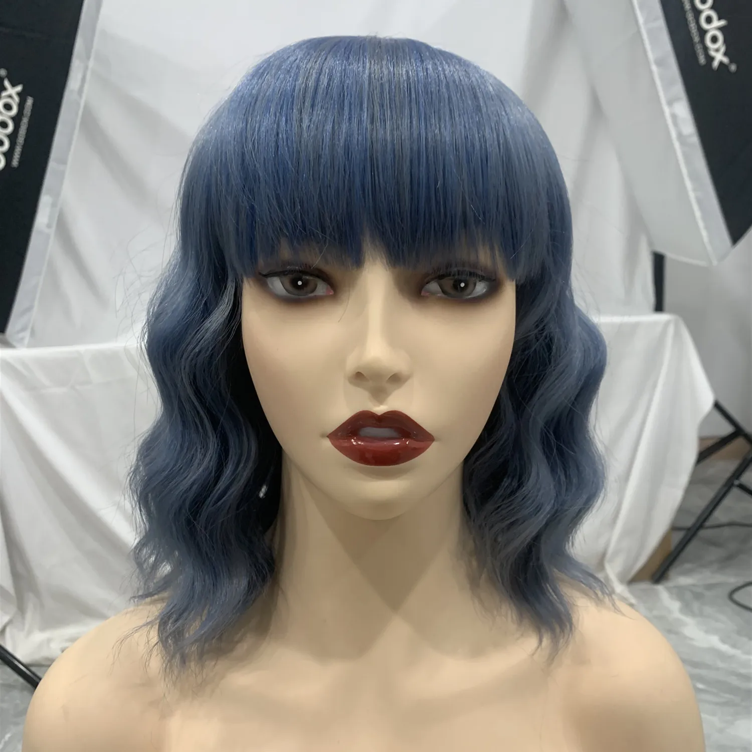 

Medo Wholesale Premium Synthetic Hair Blonde Blue Pink 613 Color Body Wave Short Curly Bob With Bang Wig