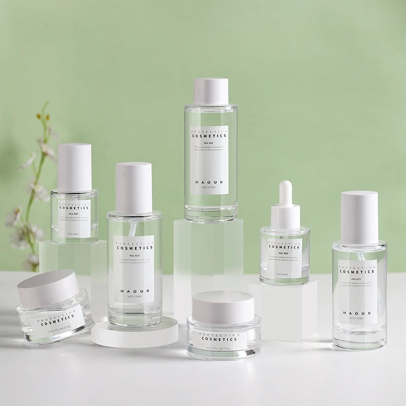 Customized High-End Glass Makeup Skin Care Packaging Set Frosted Pressure Pump Spray Dropper Glass Bottle and Cream Jar