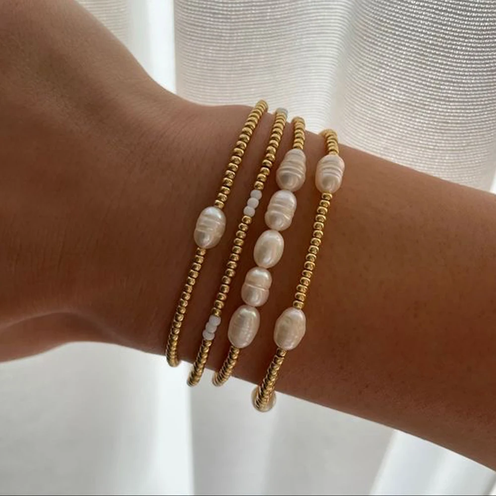 KKBEAD Stretch Natural Freshwater Pearl Bracelet Gold Miyuki Pearl Beaded Bracelet Sets