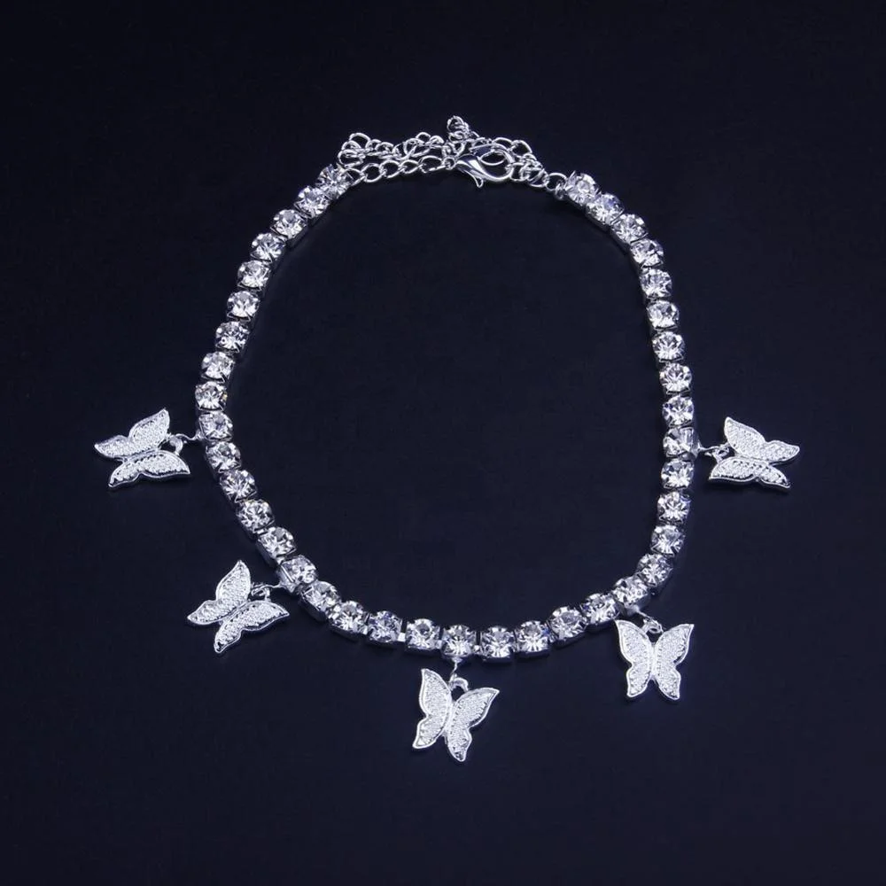 

INS Fashion Butterfly anklet Rhinestone Tennis Chain Foot Chain Jewelry for Women Summer Beach Anklet Butterfly Barefoot Chain, Silver color